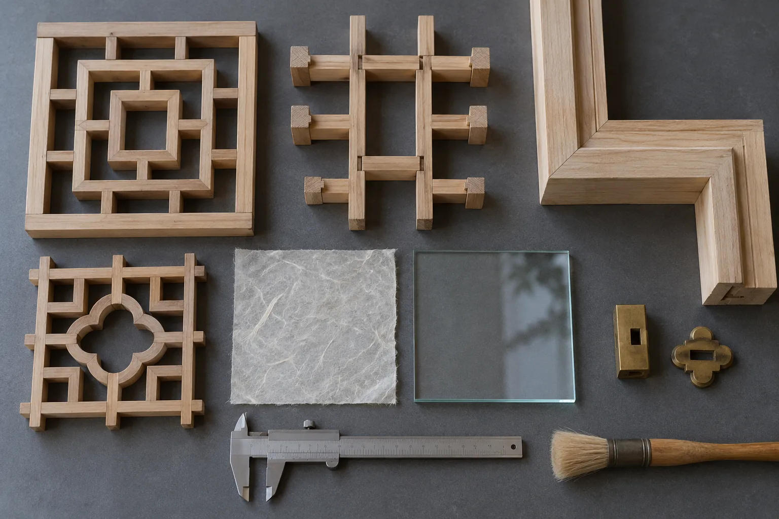 Étude conceptuelle en plongée de joints de treillis séparés, d’un petit angle de cadre en bois, de papier translucide et d’échantillons de verre clair sur une table de conservation