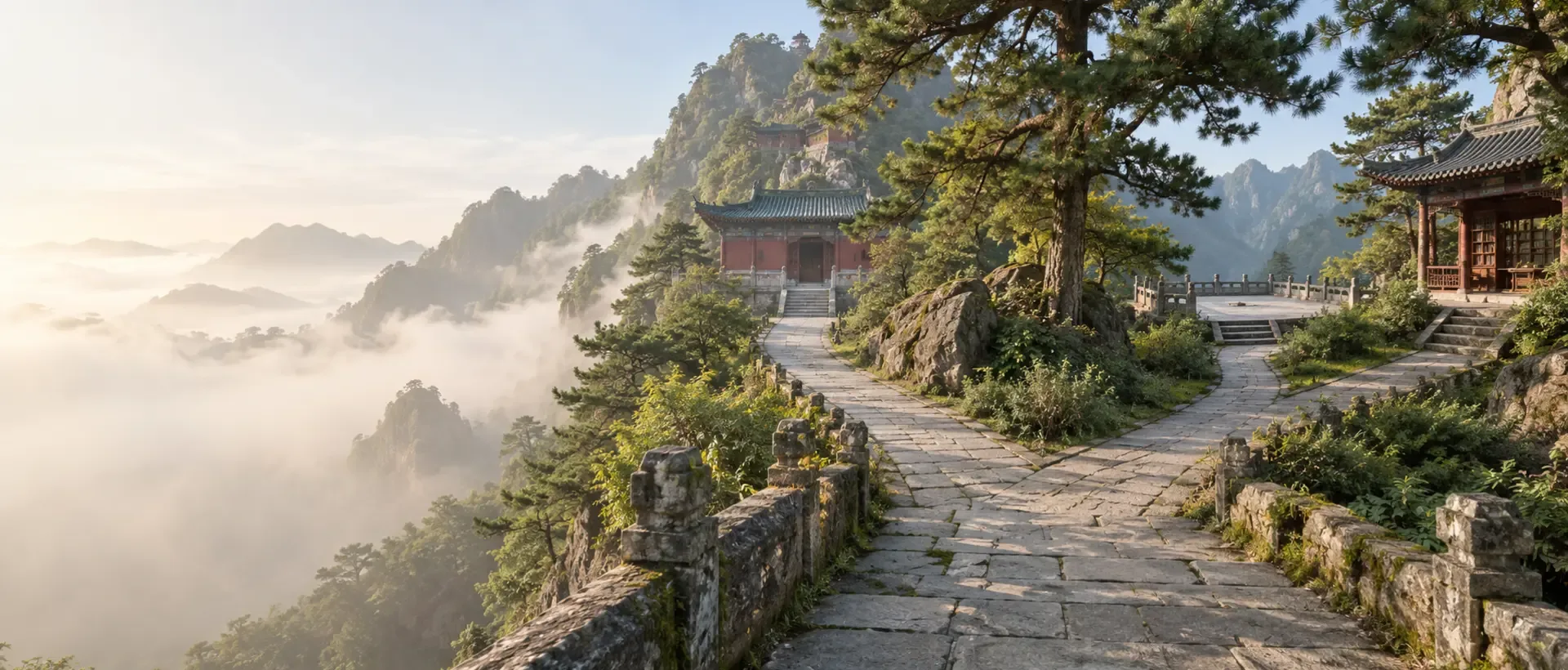Un sentier du Wudang se divise vers une cour de temple, une terrasse de pratique et un pavillon d’étude.