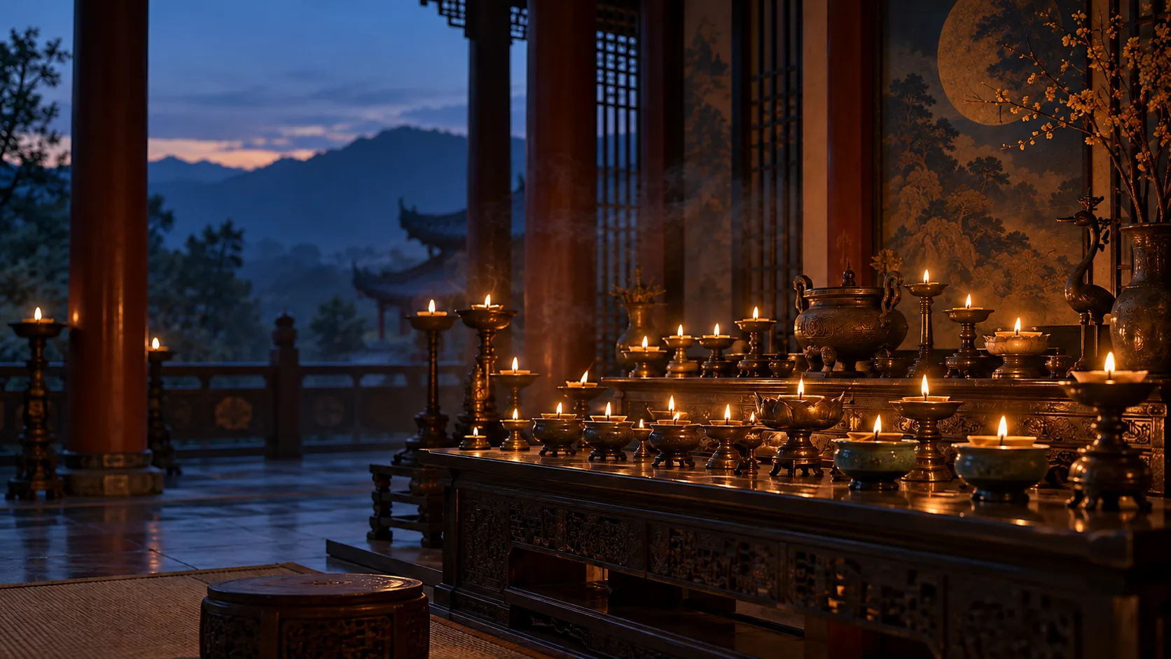 Photographie interprétative générée par IA montrant de nombreuses lampes à huile allumées sur un autel de temple fictif à l’heure bleue