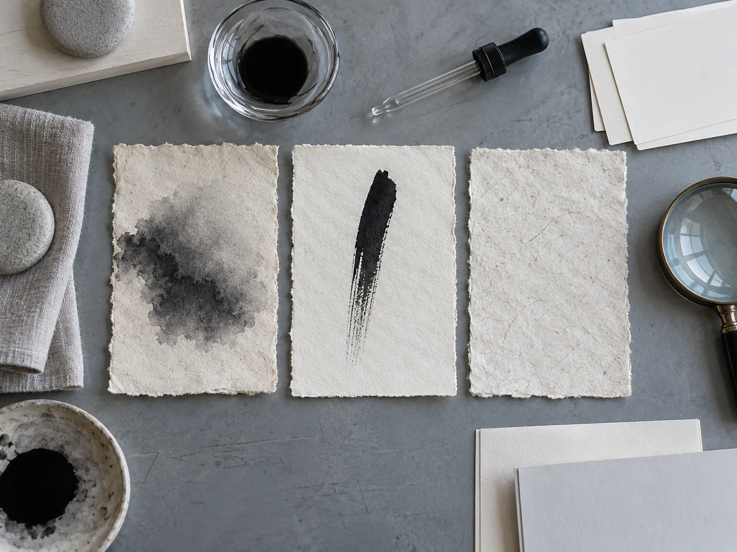 Photographie conceptuelle générée par IA, vue du dessus, de trois échantillons fictifs de papier artisanal montrant un lavis diffus, un trait net et une surface fibreuse vierge auprès d’outils d’étude
