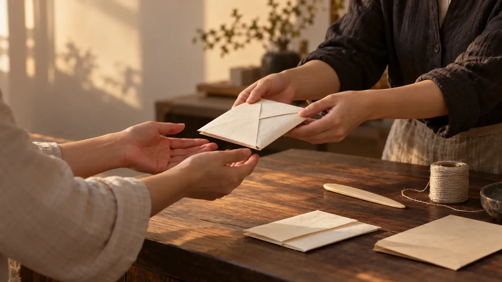 Warm conceptual photograph of two anonymous adults passing a blank folded handmade-paper letter packet across a book-arts worktable.