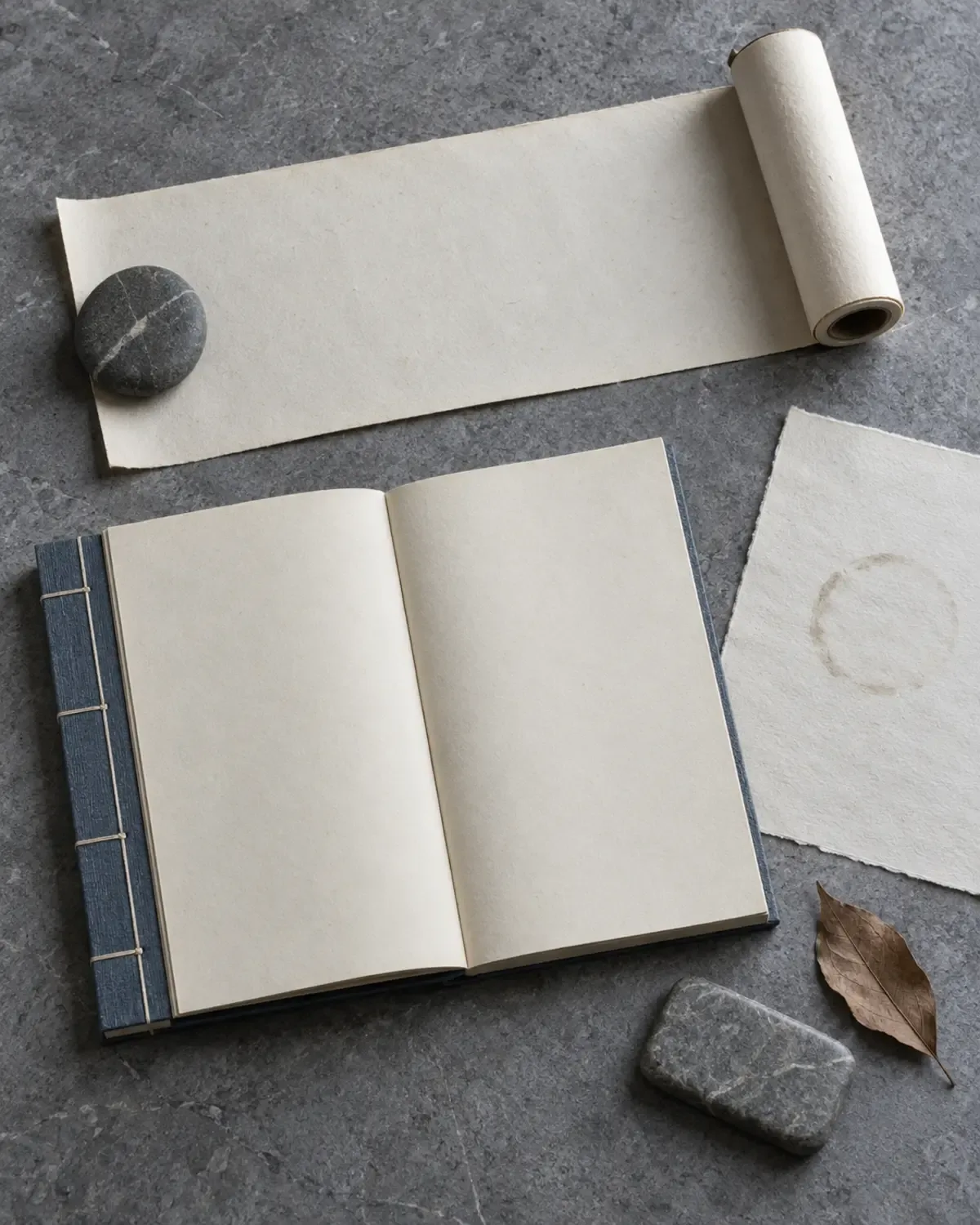 Nature morte froide vue du dessus avec album poétique fictif et vierge, rouleau sans écriture, trace circulaire de tasse, feuille sèche et presse-papier en pierre