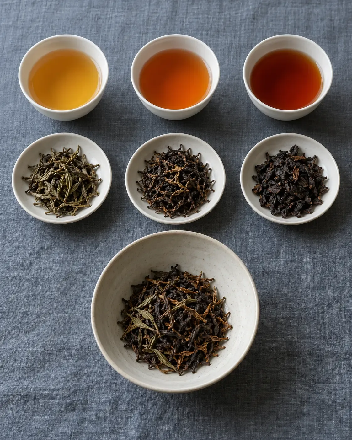 Conceptual overhead photograph of three tea infusions, three separate dry-leaf samples and one larger bowl holding a mixed sample on slate-blue linen