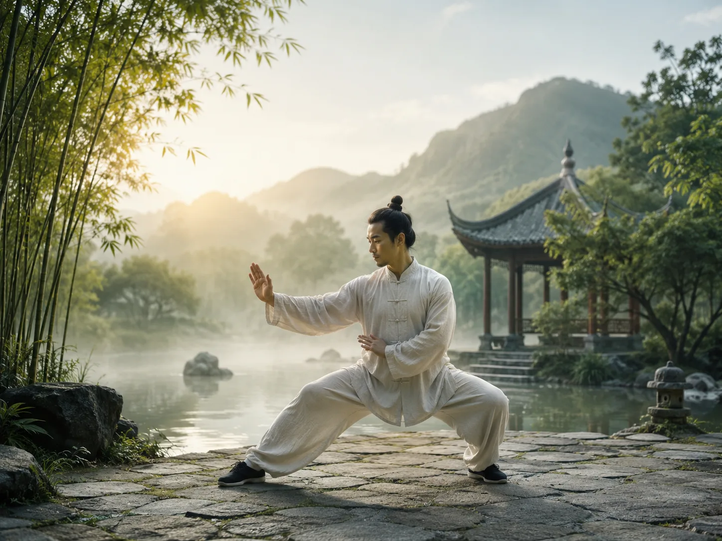 Practitioner holding a low, steady posture beside bamboo, water and a mountain pavilion