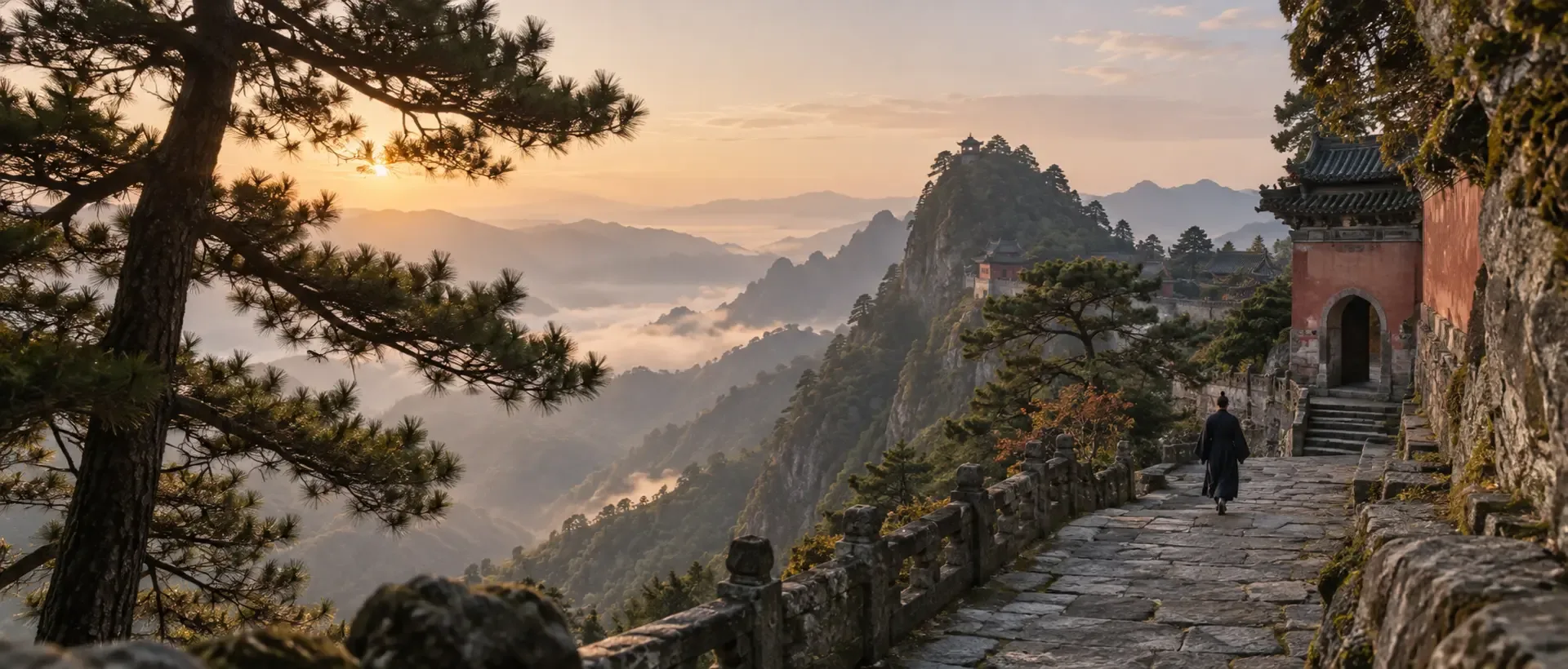 Un pratiquant taoïste solitaire marche sur un sentier de montagne près d’un temple historique du Wudang au lever du soleil.