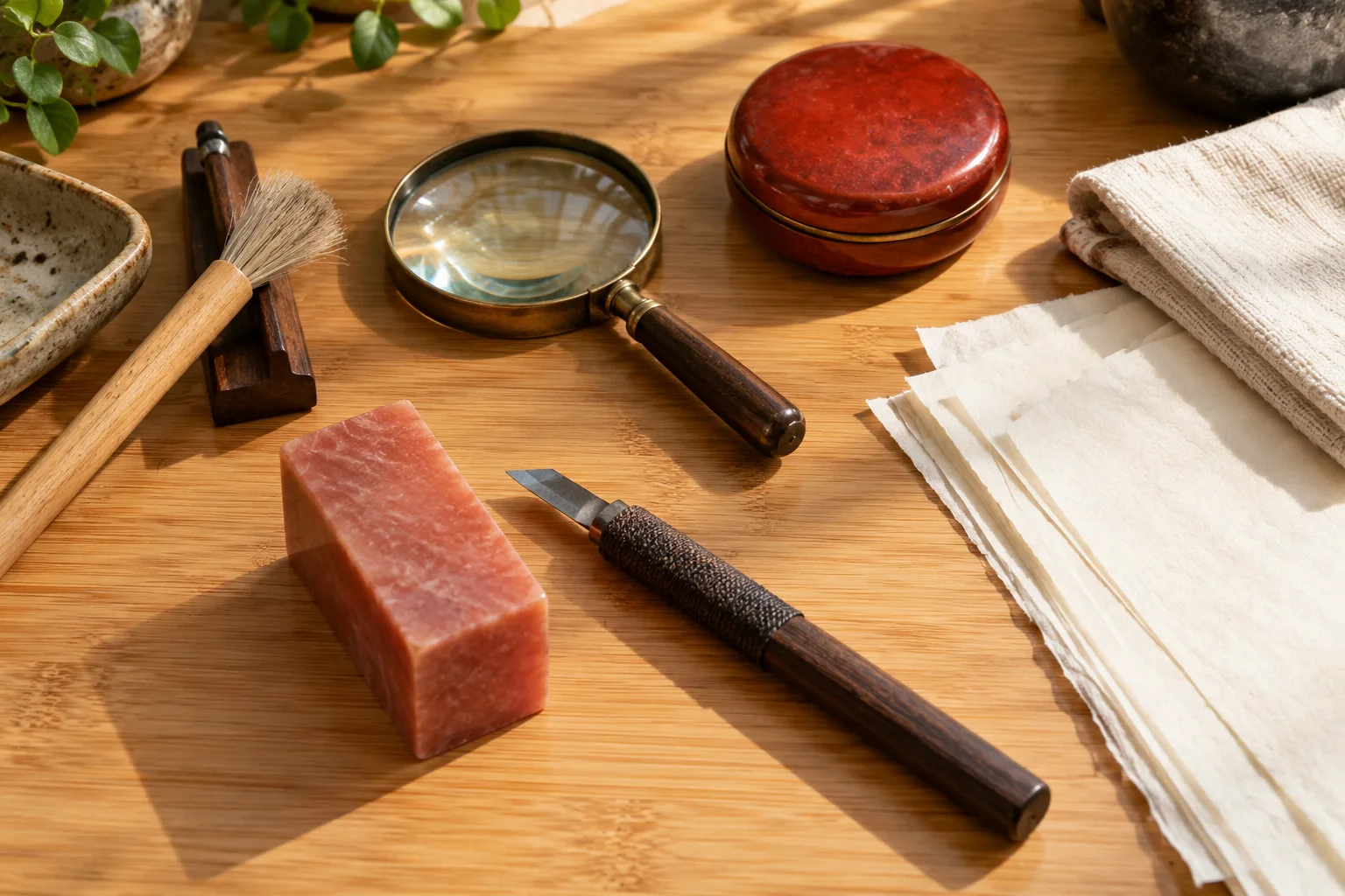 Table d’étude fictive de gravure avec pierre rouge non taillée, boîte à pâte fermée, loupe, brosse, couteau posé à plat et papiers vierges.