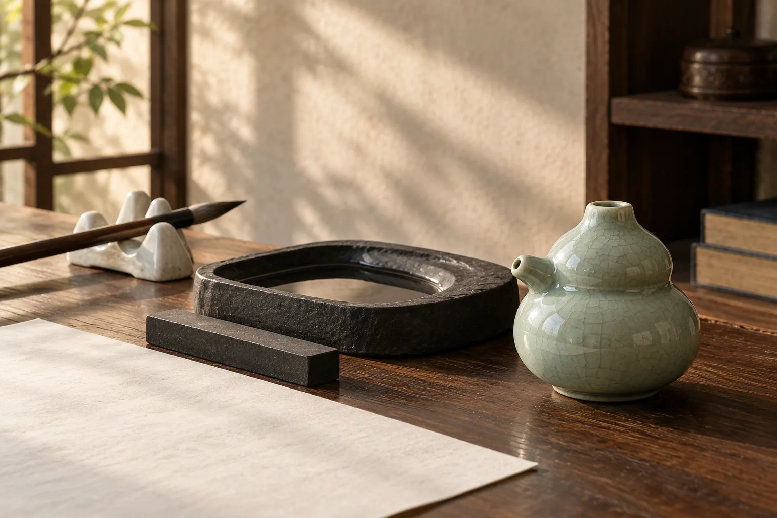 Photographie conceptuelle générée par IA d’un compte-gouttes chinois fictif en céladon près d’une pierre à encre, d’un bâton, d’un repose-pinceaux et d’un papier vierge
