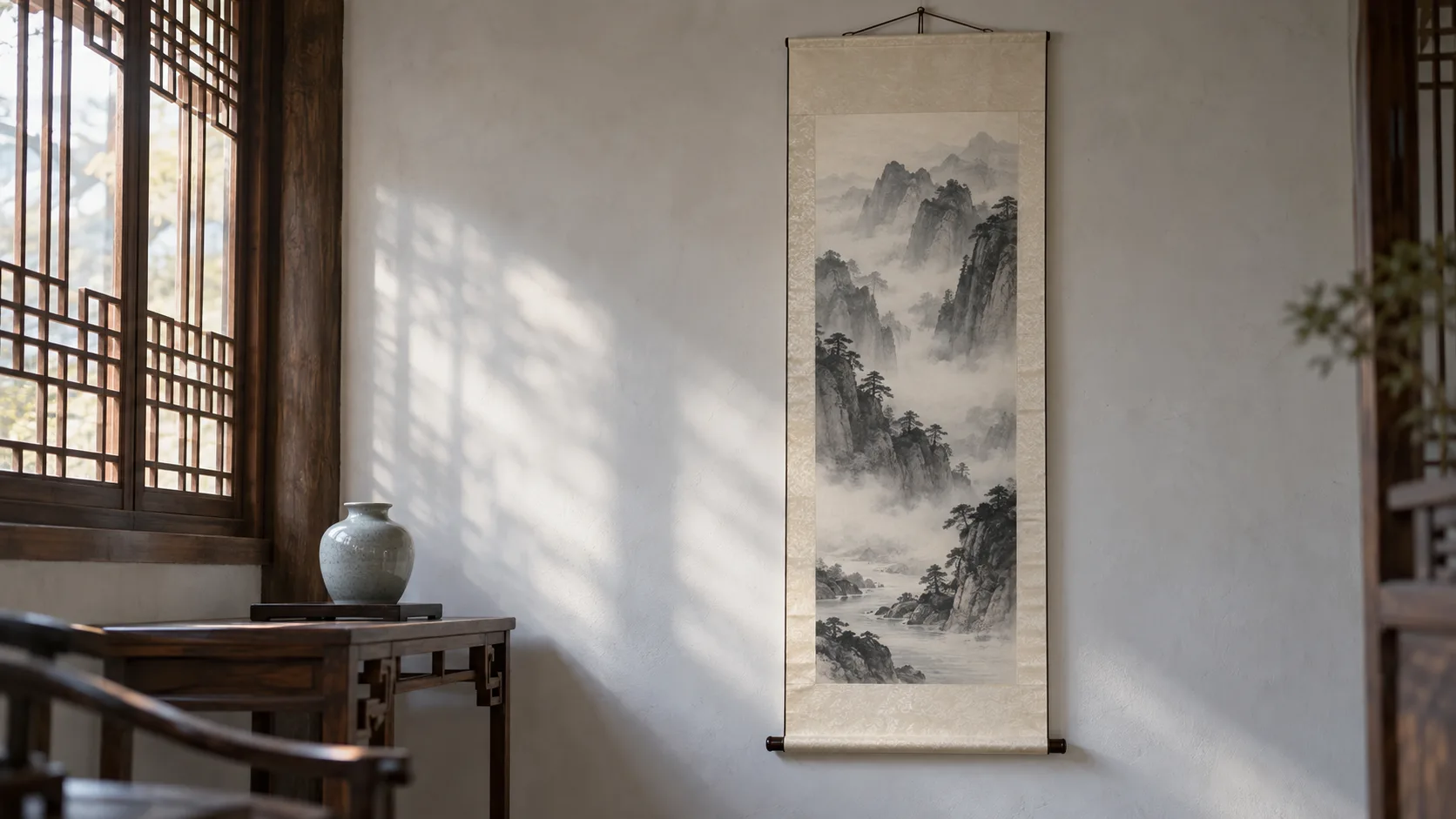 Conceptual AI-generated photograph of a fictional monochrome landscape hanging scroll displayed on a pale wall in a quiet study