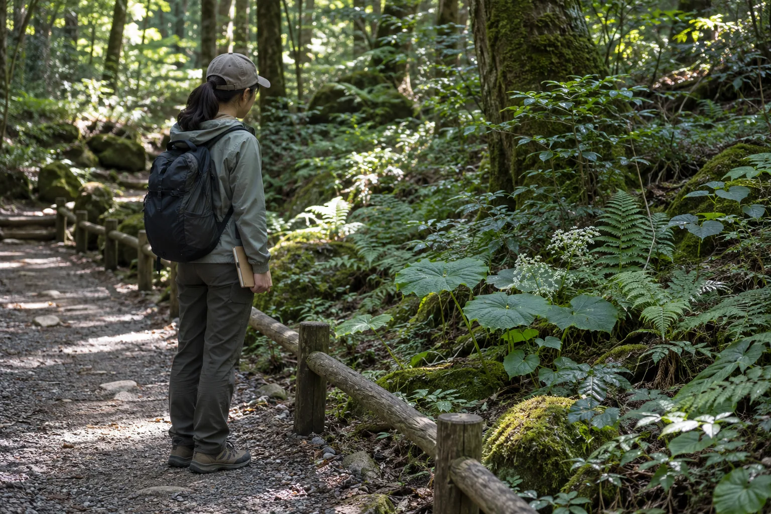 Photographie conceptuelle générée par IA d’une visiteuse fictive observant les plantes depuis un sentier balisé, sans les toucher ni les cueillir.