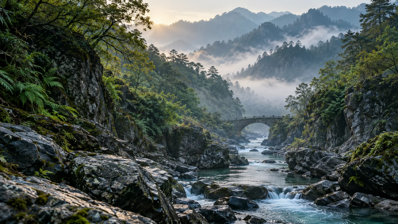 Ravin de montagne imaginé et généré par IA, avec torrent clair, rochers sombres, brume forestière et pont de pierre à l’aube
