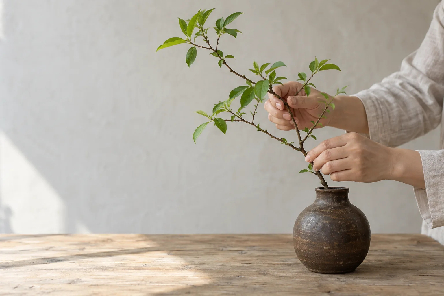 Illustration IA : des mains tournent une branche feuillue au-dessus d’un vase en céramique sombre sur une table en bois