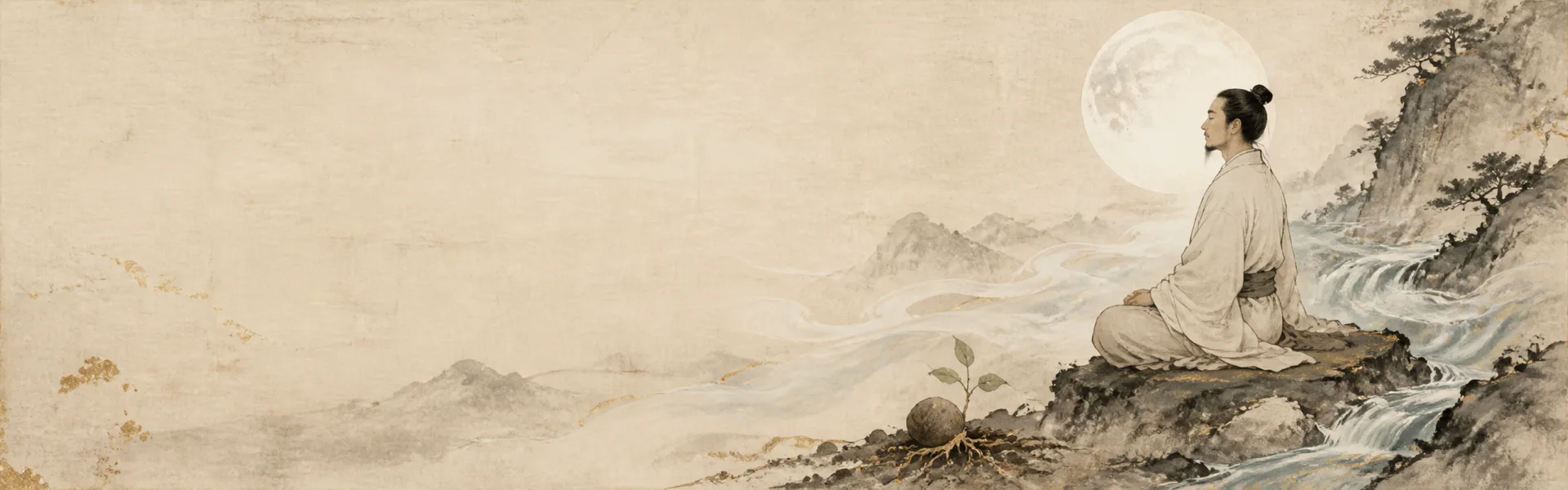 水墨风格画面中,一位道者坐在山泉旁,身后升起一轮明月