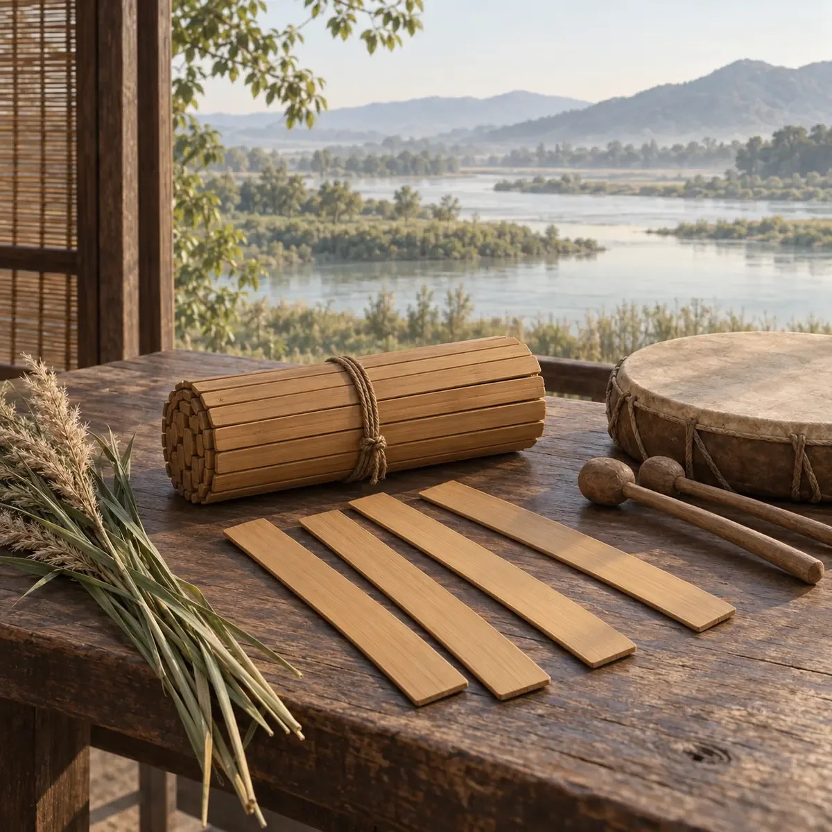 Lamelles de bambou vierges, tambour simple et roseaux sur une table face à une plaine fluviale