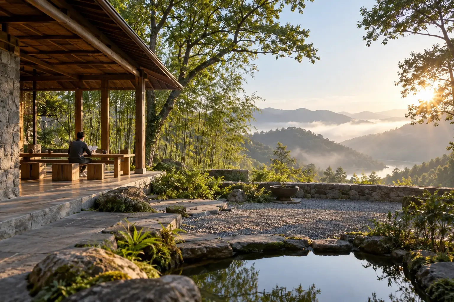 一位不具名的当代读者坐在开放式木构亭中,眺望暖色晨光下云雾缭绕的山林。