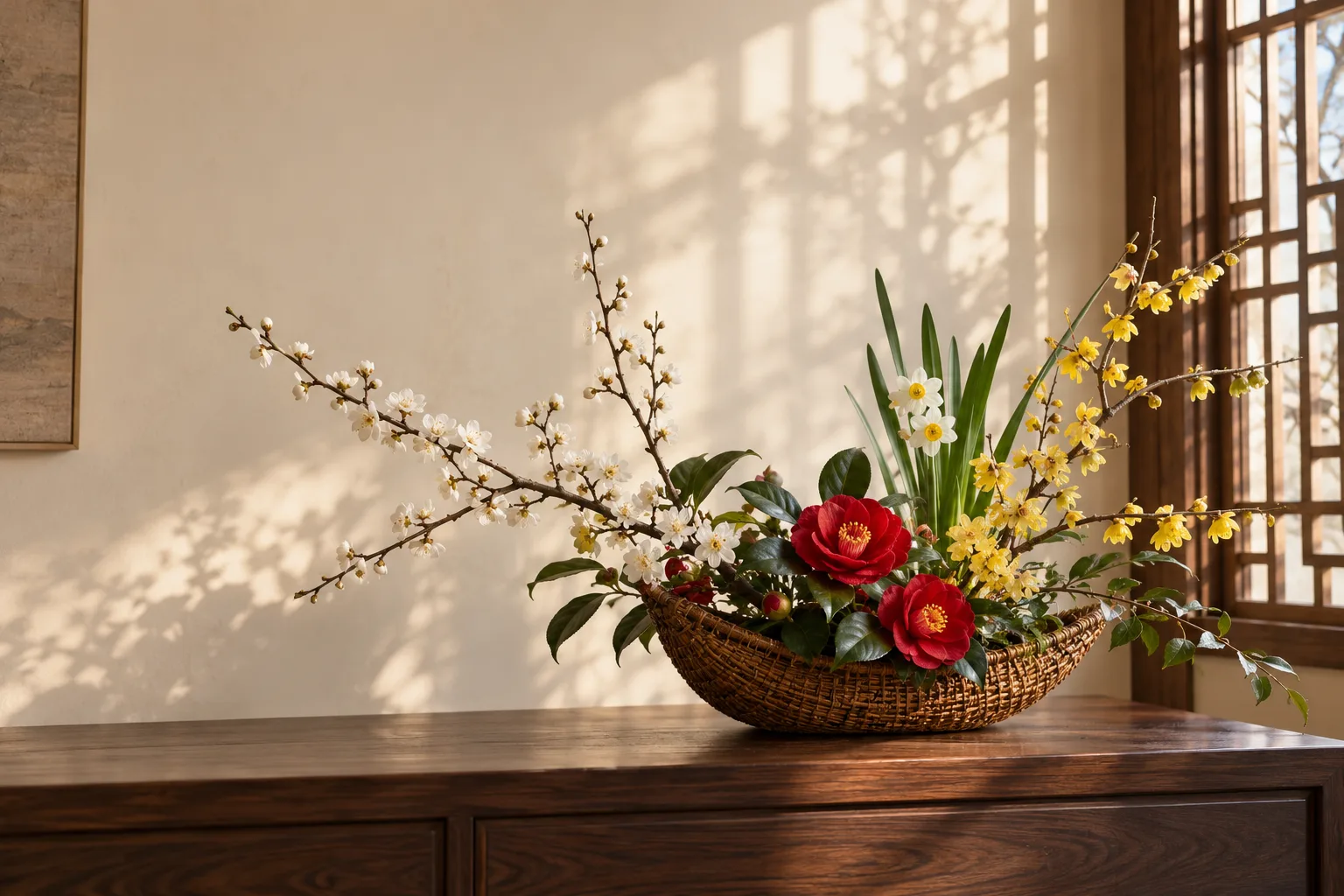 Panier floral moderne généré par IA, avec camélias, prunier, chimonanthe et narcisses dans une lumière chaude