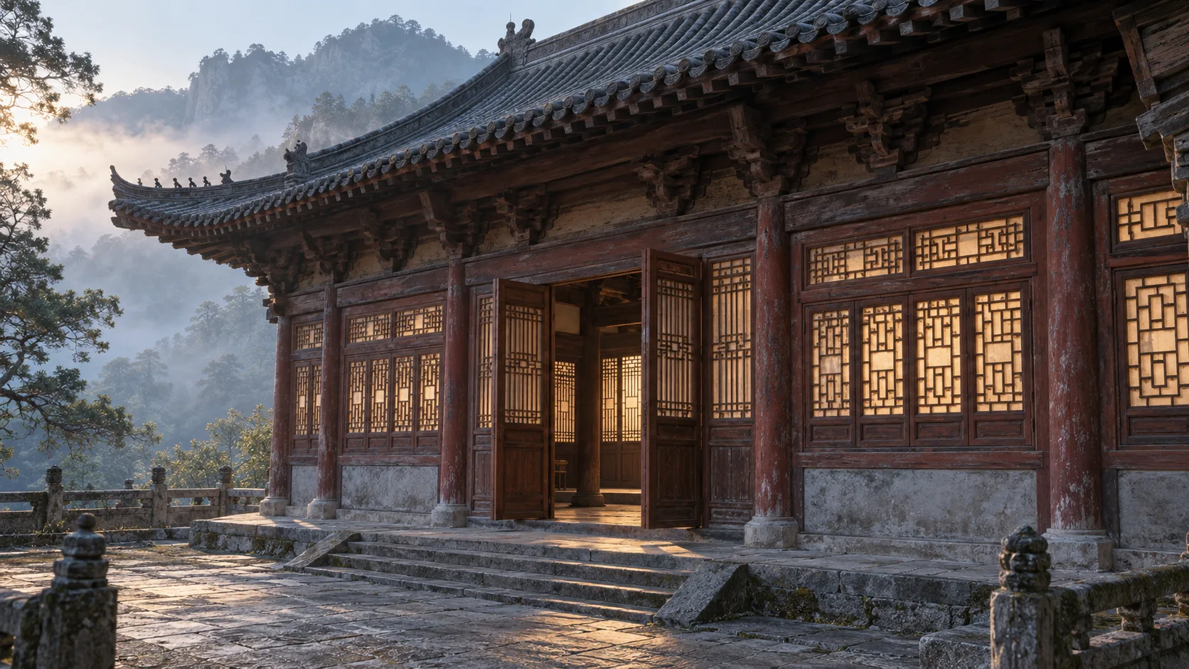 Photographie conceptuelle générée par IA d’une façade fictive en bois avec fenêtres à treillis et portes ouvertes dans la fraîche lumière matinale de montagne
