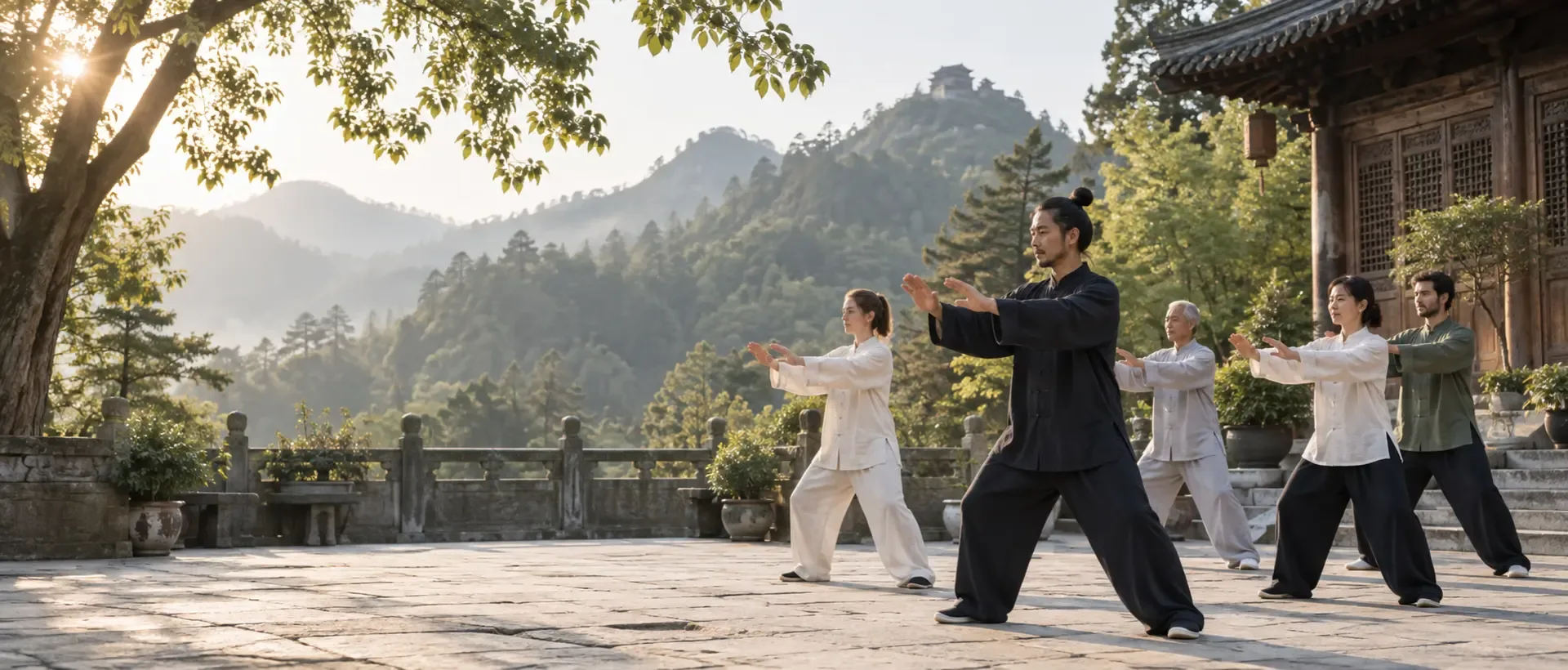 Un petit groupe pratique doucement le qigong dans une cour paisible des montagnes du Wudang.