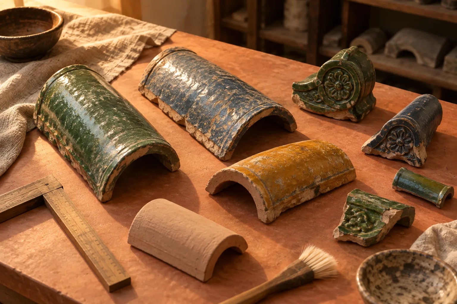 Nature morte conceptuelle générée par IA : pièces de toiture courbes vertes, bleu-gris, ocre et non vernissées, équerre en bois et pinceau sur une table d’atelier chaleureuse.