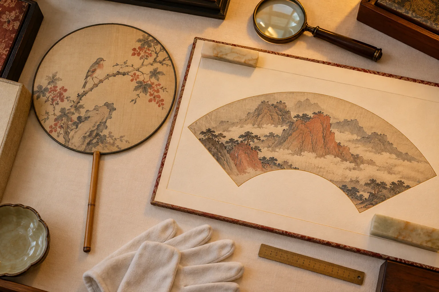 Conceptual AI-generated overhead museum table comparing a round silk fan with a mounted folding-fan leaf