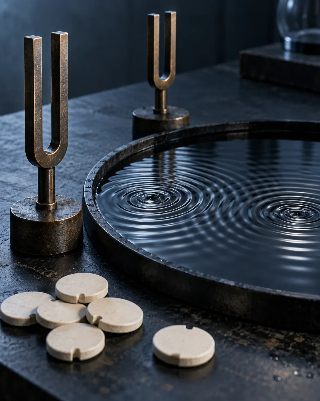 Cool vertical conceptual photograph of two bronze tuning forks beside intersecting ripples in a black water tray and blank notched ceramic tokens on a modern acoustics bench.