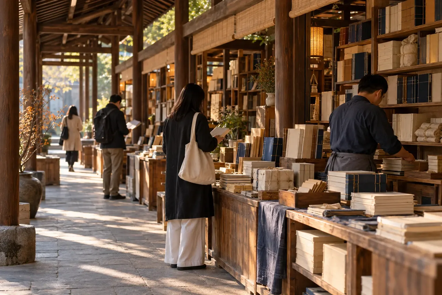 幾位不具名的當代訪客在暖色調的虛構木構書市廊道中瀏覽封面空白的仿製書,一名書商正在整理存書。