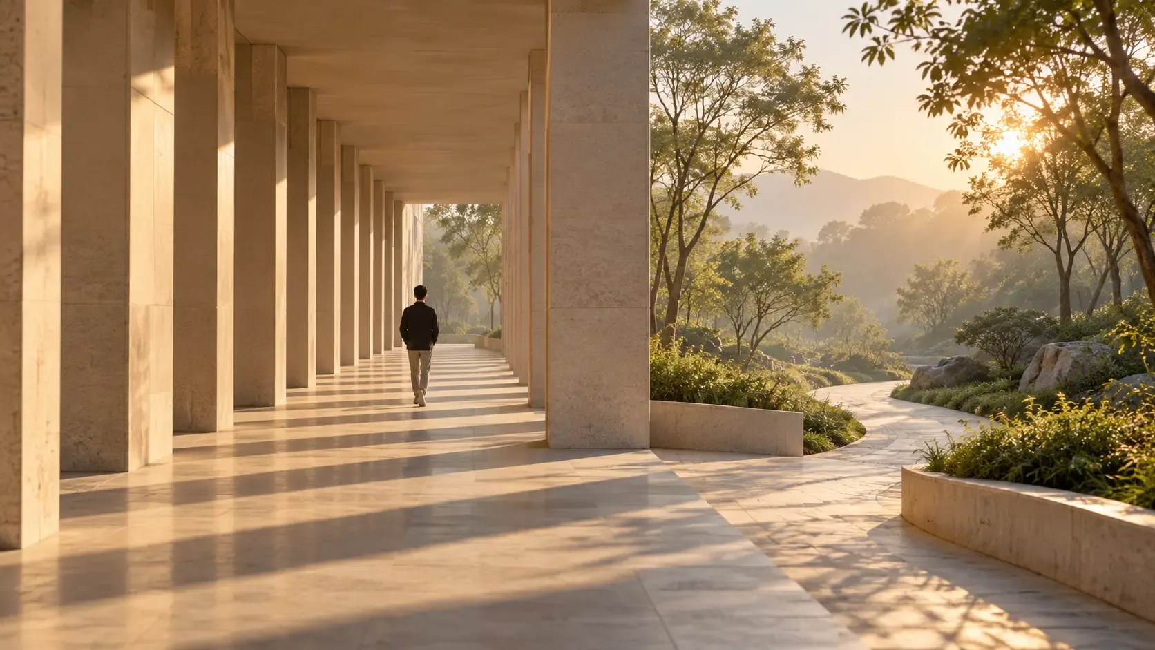 An anonymous contemporary walker moves through a warm colonnade whose repeated shadows open into a curving garden path.