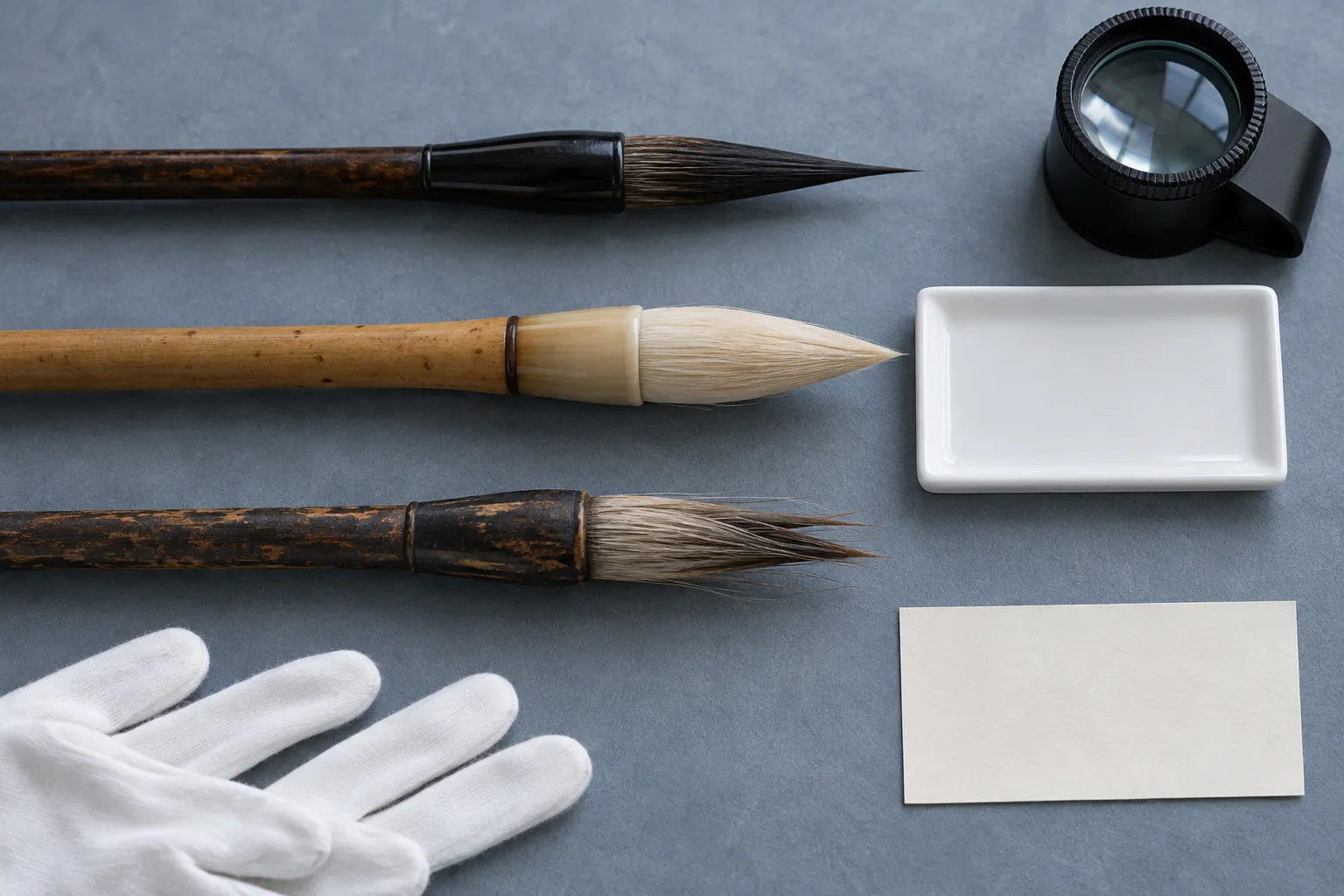 Photographie conceptuelle générée par IA, vue du dessus, de trois pinceaux modernes fictifs présentant une pointe sombre effilée, une pointe claire propre et une pointe usée et fendue sur une table d’étude froide