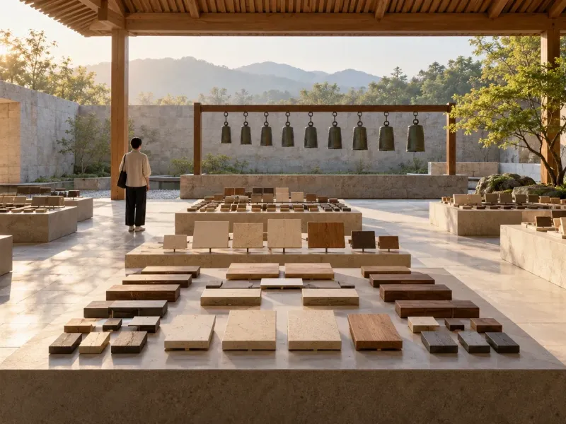 Warm conceptual photograph of a fictional contemporary museum courtyard with blank stone and wood tiles arranged in families and bronze chimes beyond.
