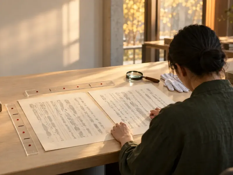 暖色概念照片：现代阅览室中，一位不具名研究者比较两张抽象影印页，旁边透明导尺上带有红点。
