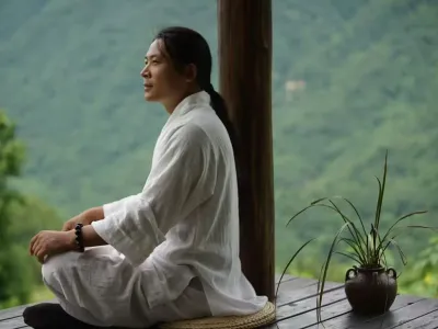 Teacher Lu sits in quiet meditation on a mountain terrace, overlooking forested peaks.