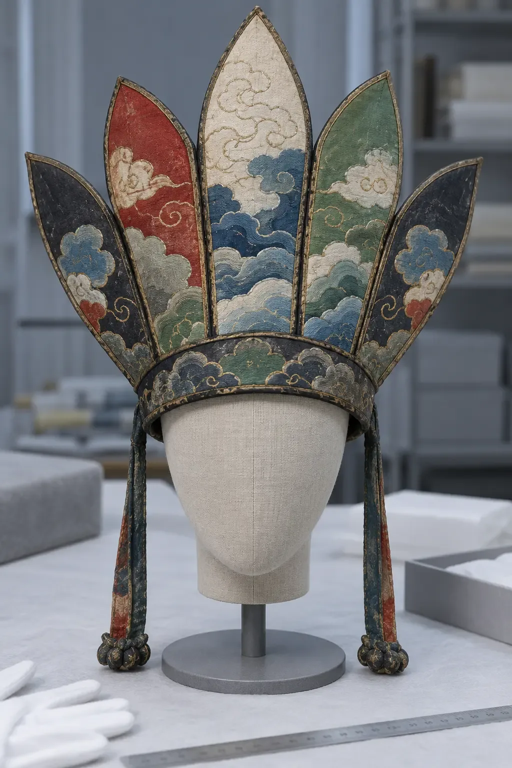 Photographie muséale conceptuelle d’une coiffe fictive en tissu à cinq pétales, ornée de nuages abstraits et présentée sur un mannequin de conservation