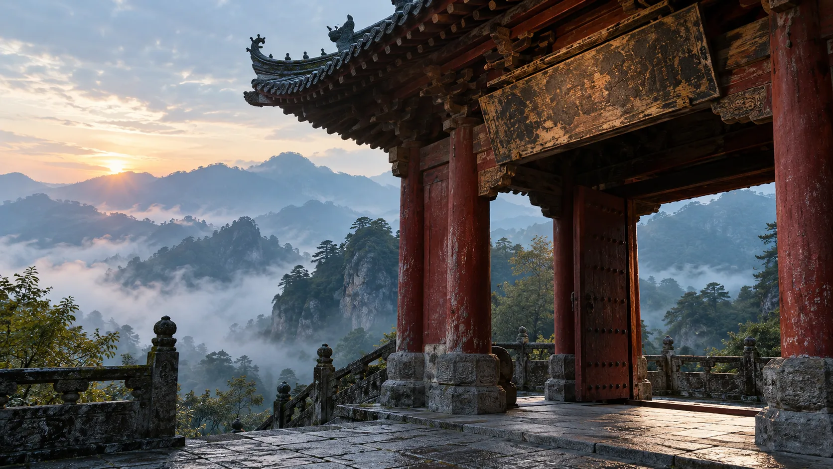 Conceptual AI-generated photograph of a fictional mountain-temple gateway with a weathered, unreadable plaque above the entrance at misty sunrise.