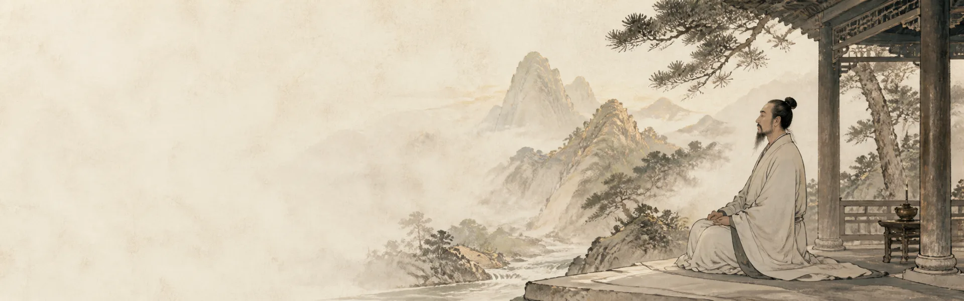 Ink-style illustration of a seated Taoist figure overlooking misty mountains from a pavilion