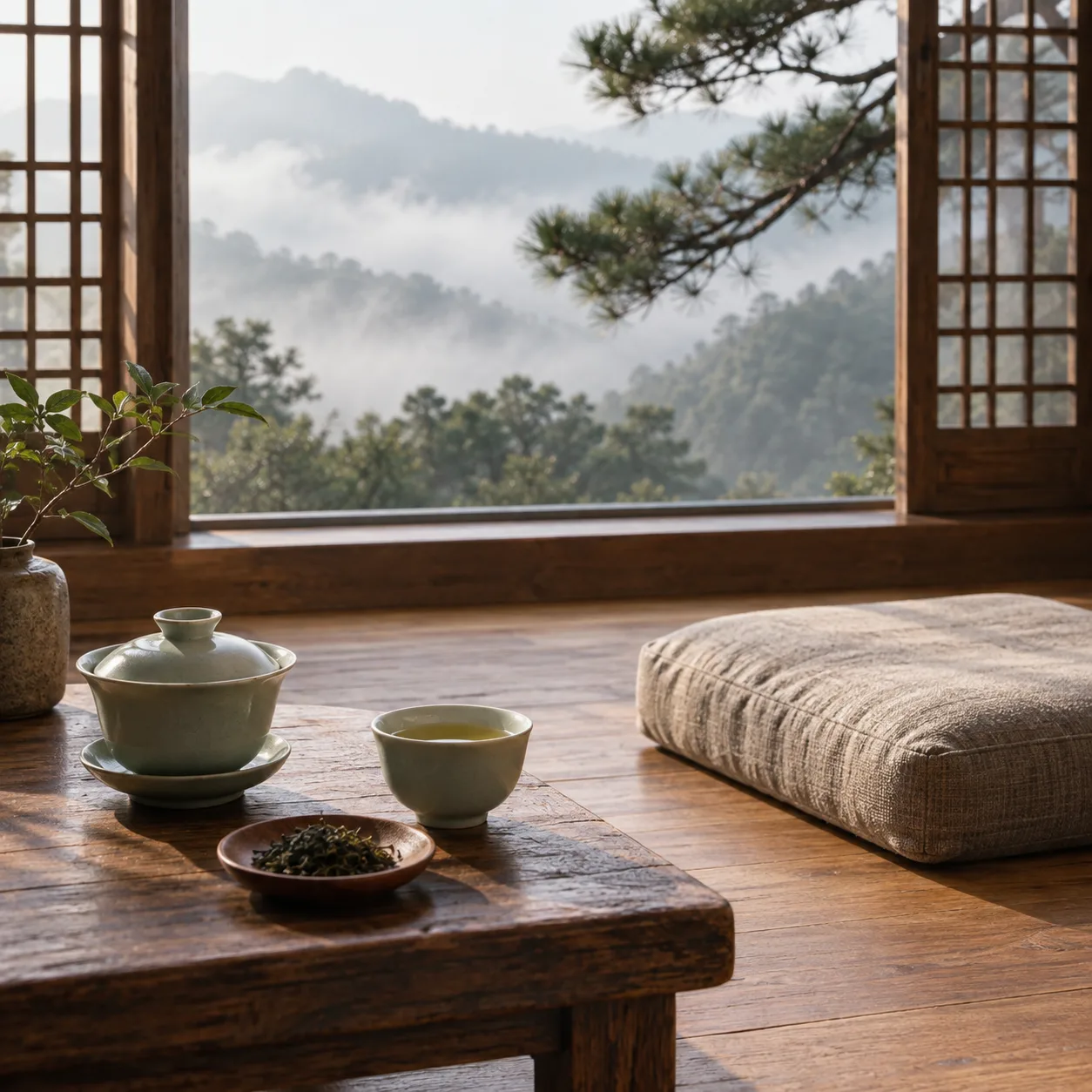 Gaiwan céladon, tasse et feuilles sèches près d’un coussin vide dans une pièce calme en montagne