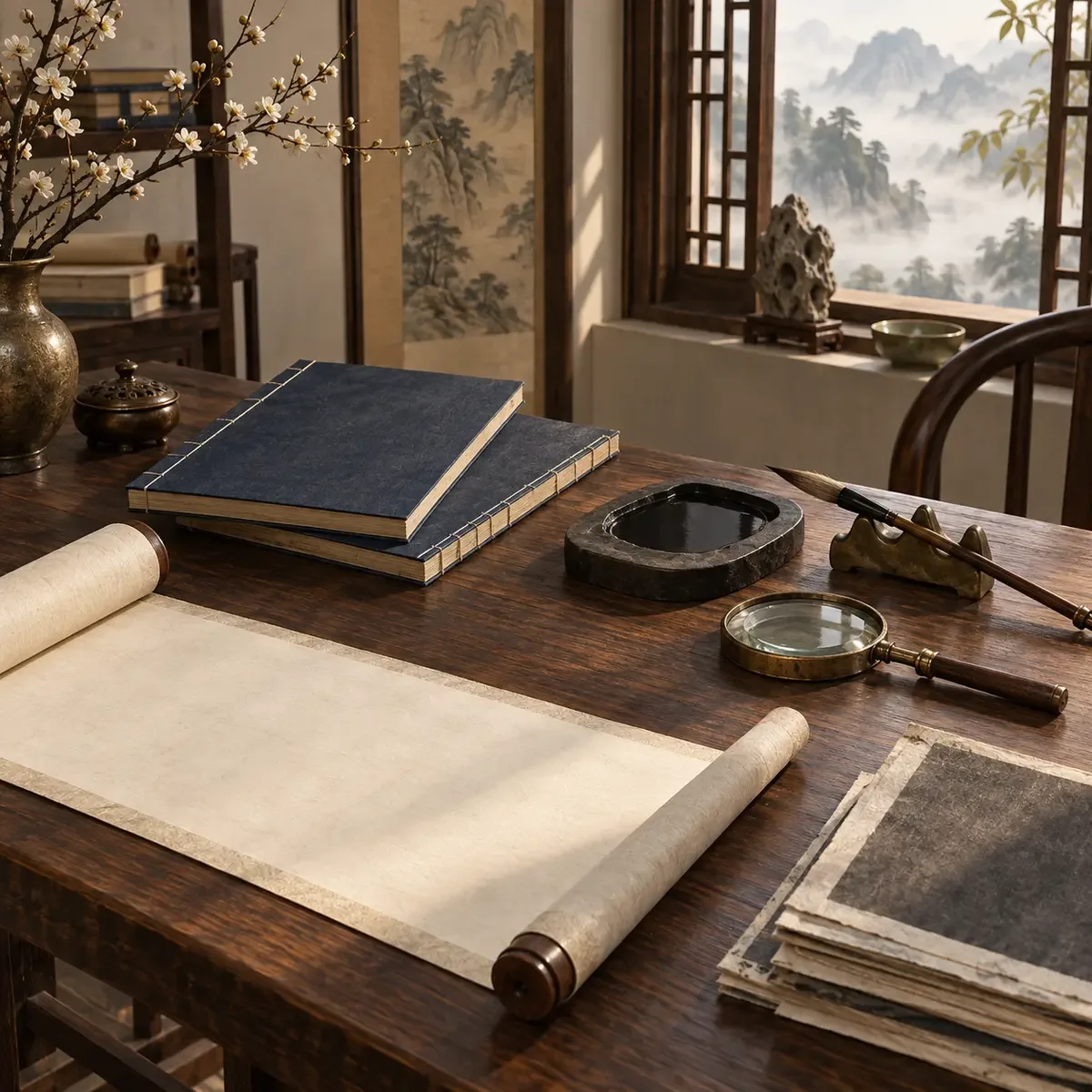 Table d’étude illustrée avec livres reliés sans titre, rouleau vierge, feuilles d’estampage, pinceau, pierre à encre et loupe.