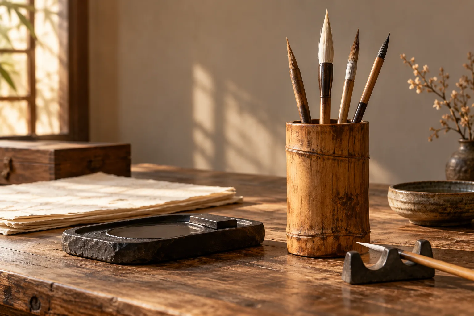 Photographie conceptuelle générée par IA d’un pot à pinceaux fictif en bambou contenant des pinceaux secs sur une table de lettré aux tons chauds