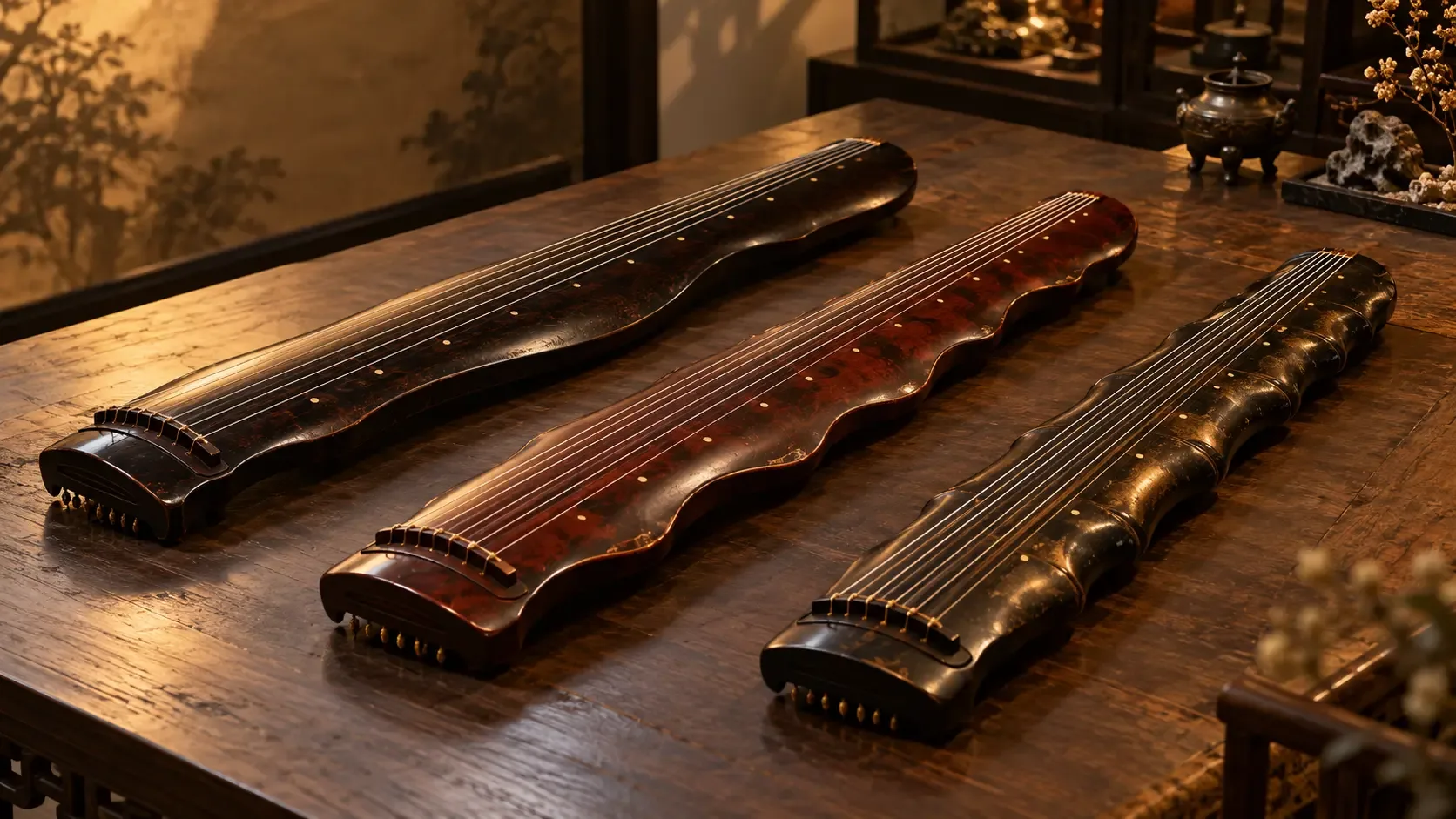 Photographie conceptuelle de trois cithares laquées fictives à sept cordes, aux silhouettes contrastées à double taille, en feuille et segmentée, sur une table d’étude chaude