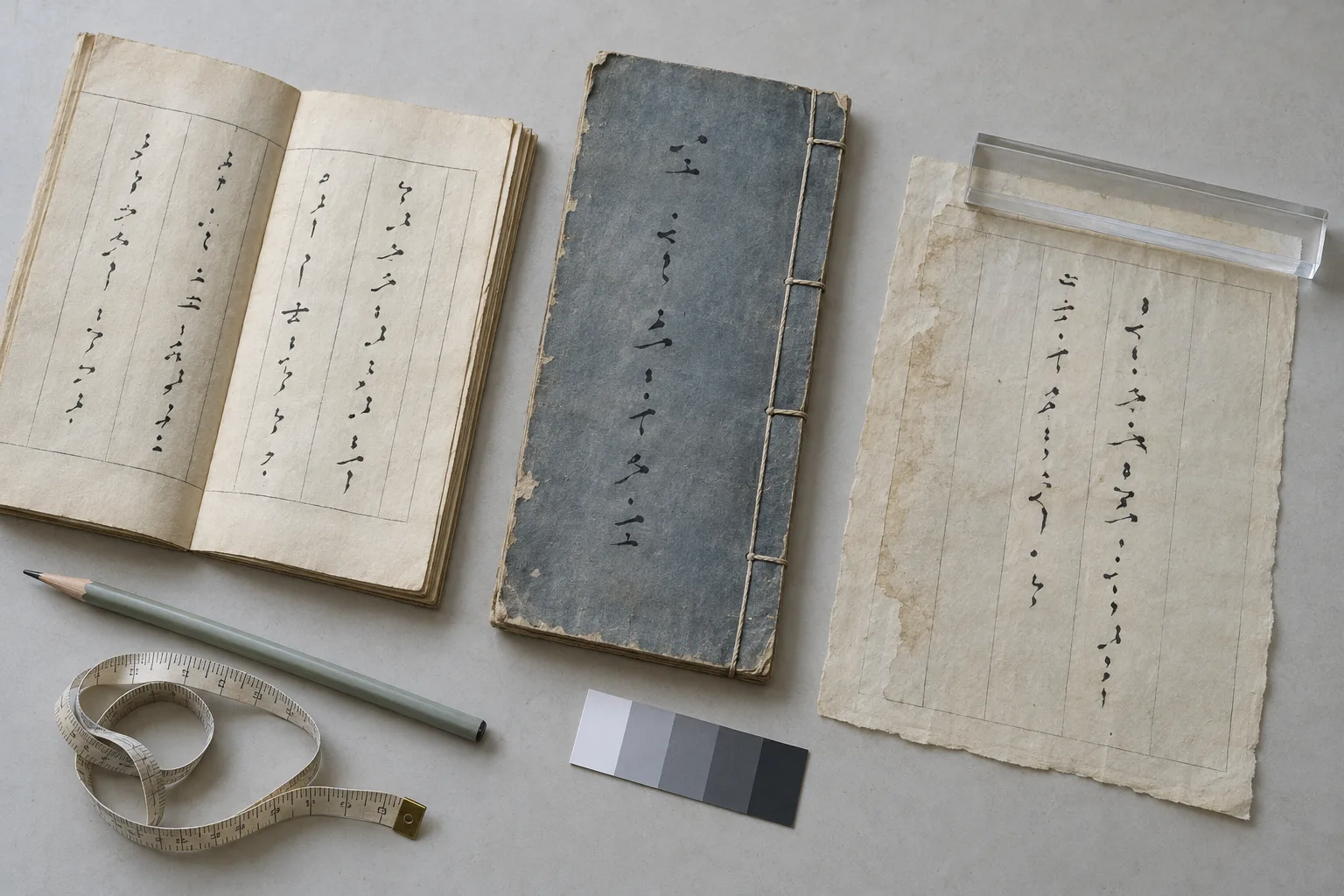 Vue zénithale générée par IA de trois témoins fictifs de tablatures de guqin, avec reliures et états de papier différents, sur une table d’étude froide