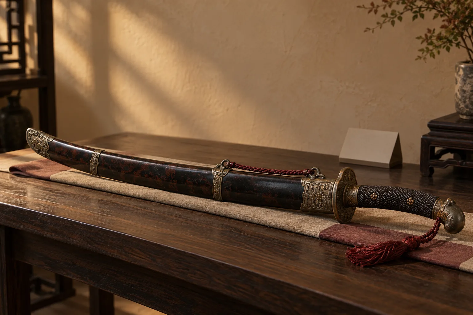 Photographie d’étude chaleureuse générée par IA d’une réplique fictive de dao chinois, rengainée et posée sur une table en noyer avec ses garnitures