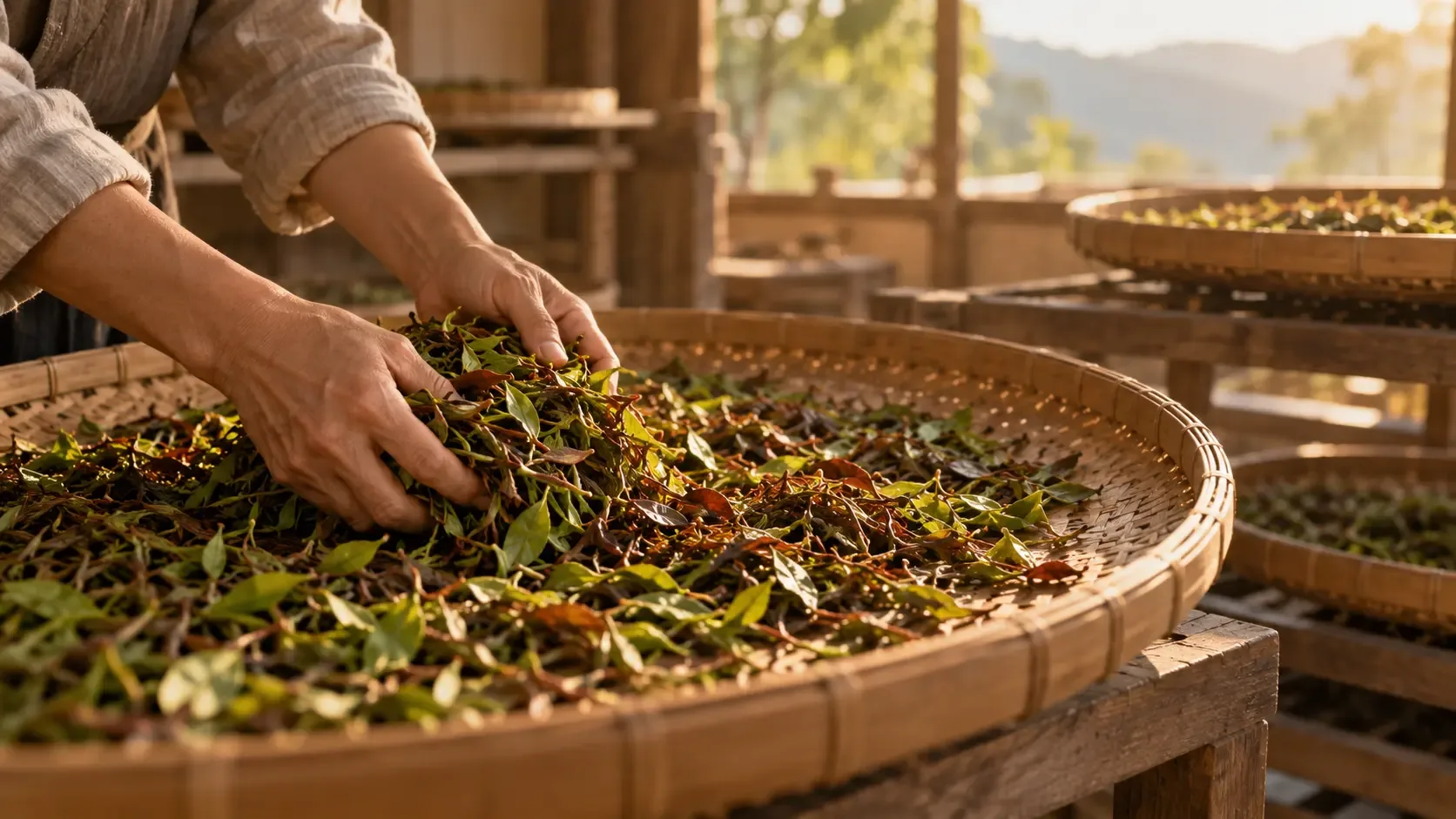 Scène conceptuelle de mains aérant sur un plateau de bambou des feuilles meurtries, du vert sourd au cuivré