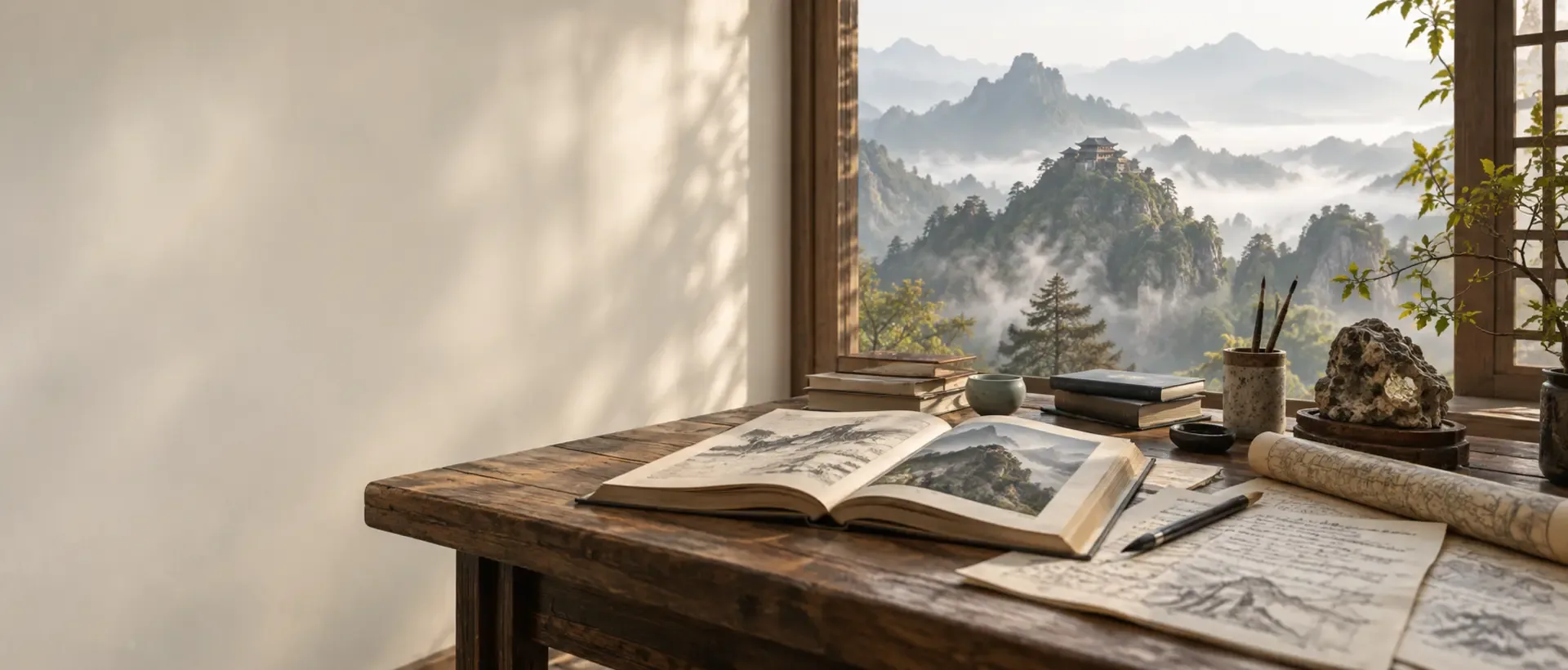 Un bureau de recherche sur le Wudang réunit livres, notes et carte traditionnelle devant un paysage de montagne.