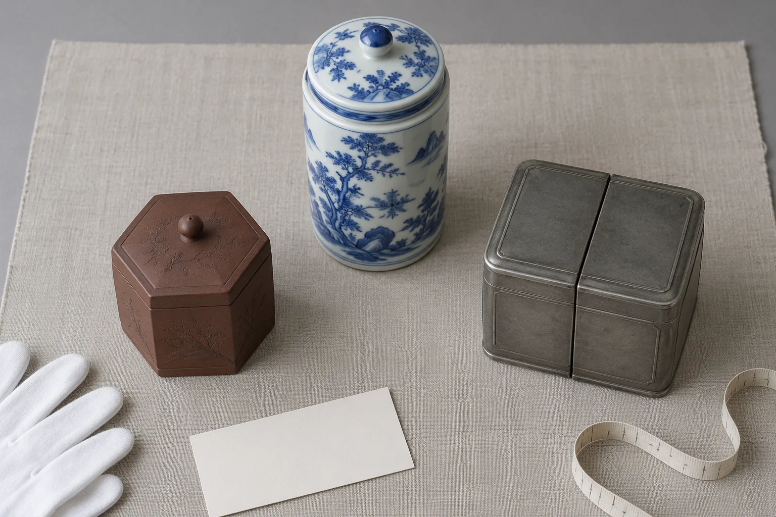 Photographie conceptuelle générée par IA, vue du dessus, de trois boîtes à thé chinoises fictives en grès rouge-brun de style Yixing, porcelaine bleu et blanc et étain apparié sur une table d’étude froide