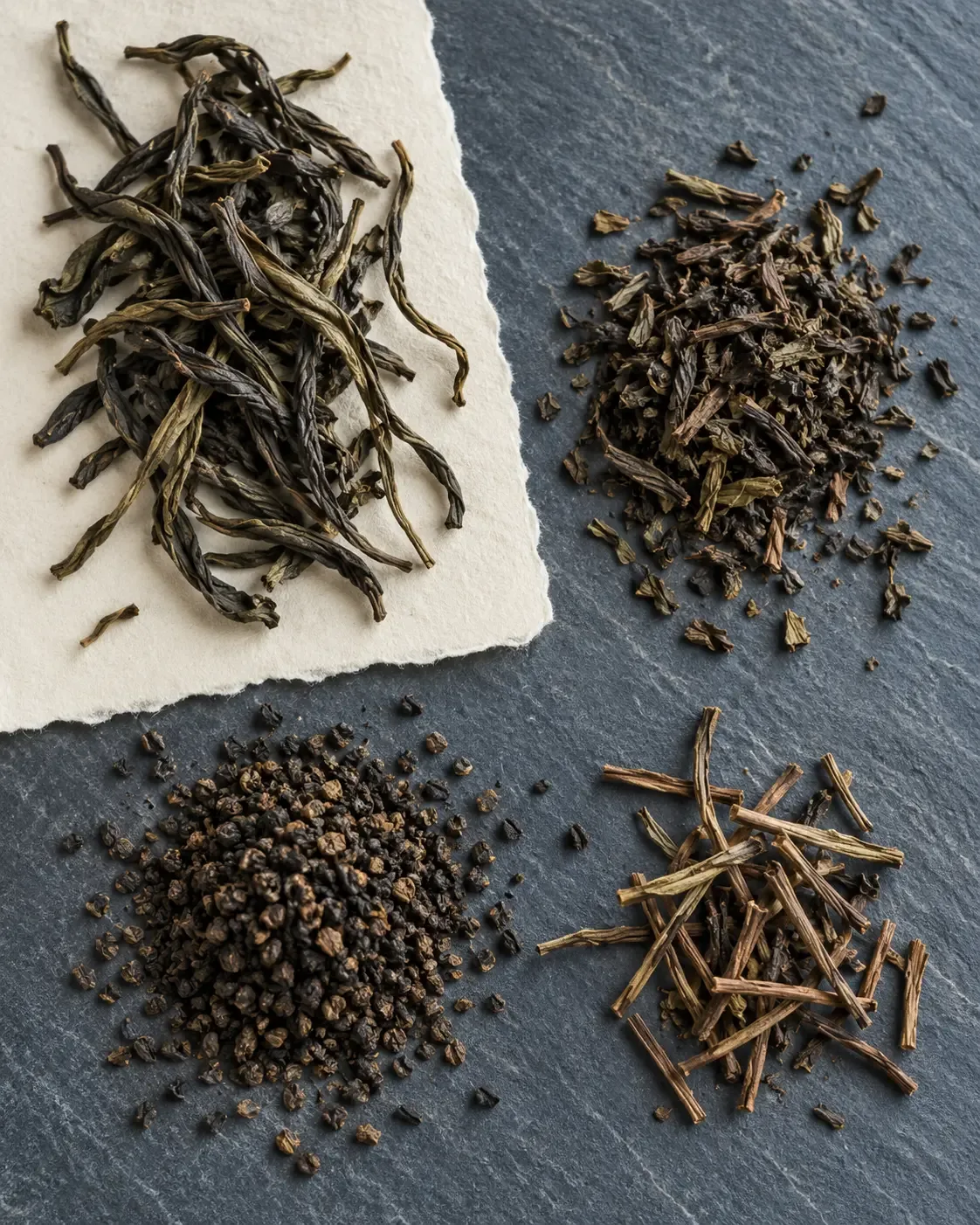 Conceptual overhead photograph of four separate groups of dried tea material: long leaves, broken pieces, small granules and stems