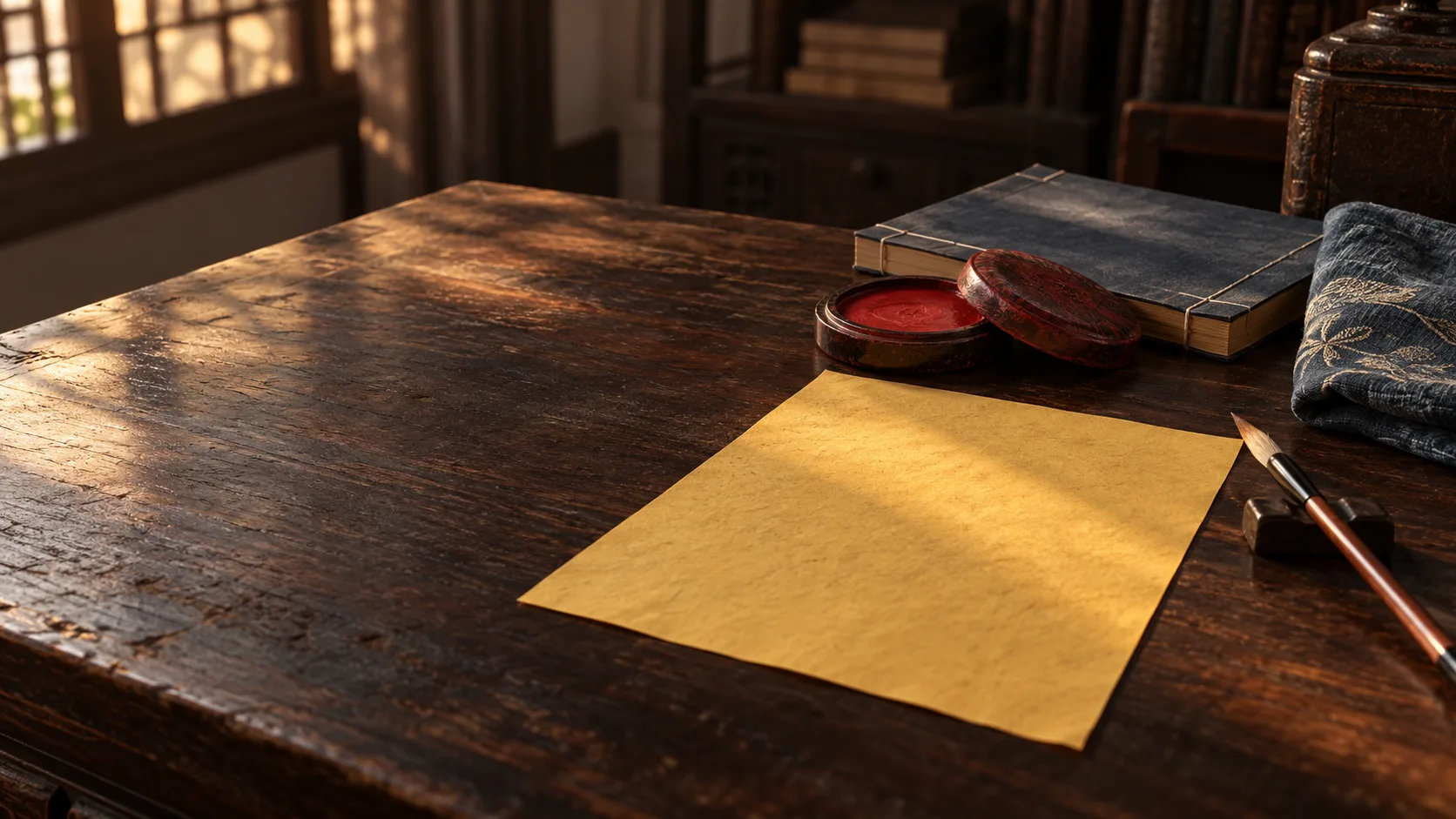 Photographie interprétative générée par IA montrant une feuille jaune vierge, un pigment rouge fermé, un pinceau et un volume clos sur une table d’étude fictive