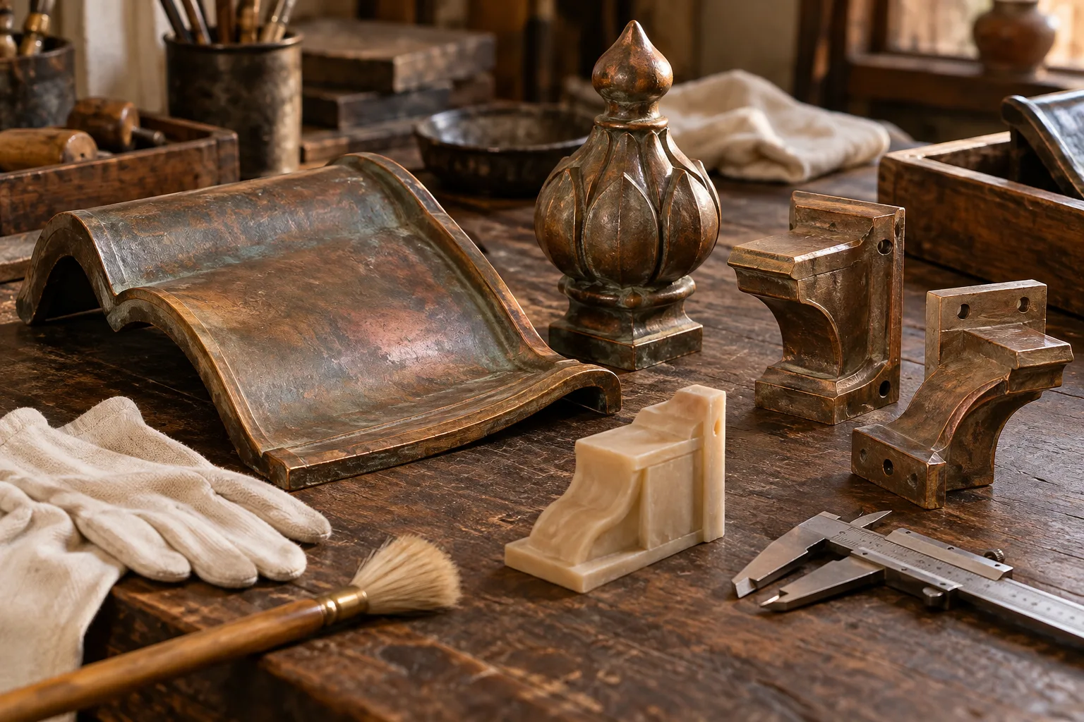 Photographie conceptuelle générée par IA d’échantillons fictifs en alliage cuivreux — toiture, fleuron et supports — posés avec un pied à coulisse, des gants et une brosse douce sur un établi en bois chaleureux.