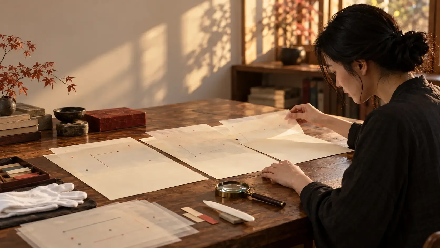 Photographie conceptuelle d’une chercheuse contemporaine anonyme comparant des feuillets vierges et des calques de révision dans un atelier fictif