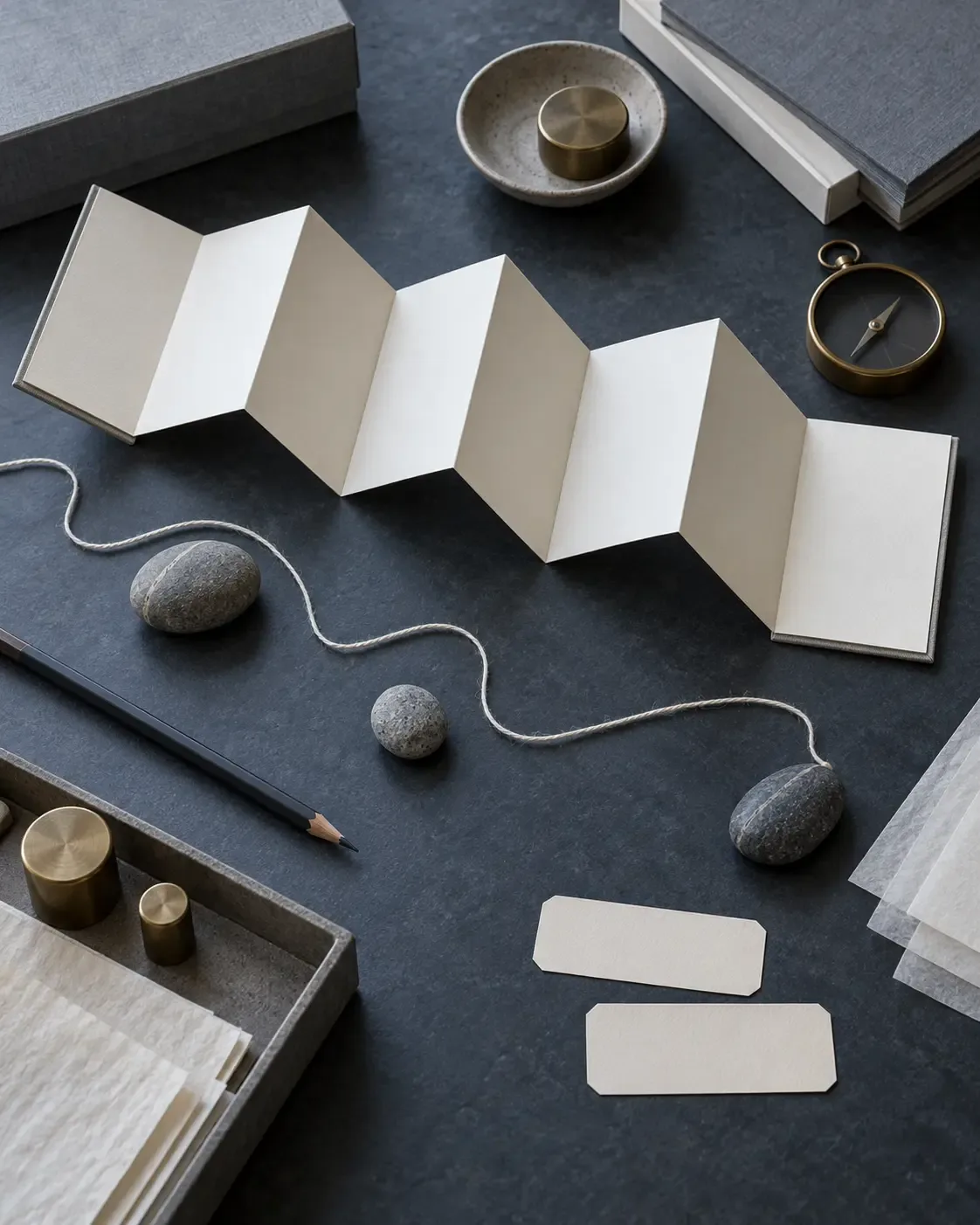 Cool overhead conceptual photograph of a blank accordion notebook, route thread, field stones, a brass compass and conservation tools on a dark table.
