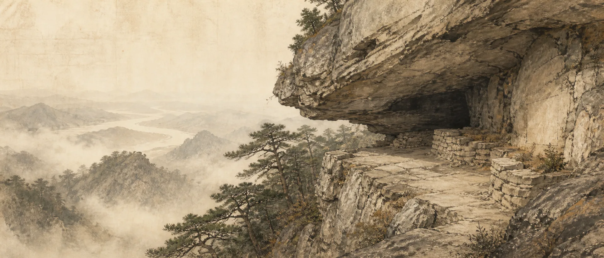 Illustrated limestone rock shelter opening above a wooded Wudang ravine, with weathered masonry and a small cliff inscription visible near the entrance