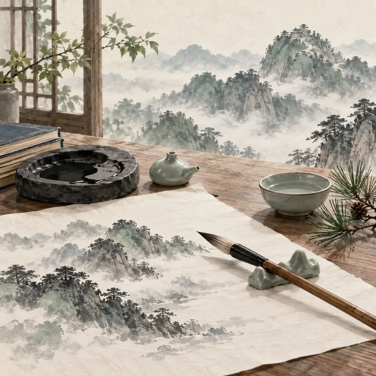 Pinceau posé au-dessus d’un paysage à l’encre inachevé, avec pierre à encre, compte-gouttes et branche de pin sur une table de peintre