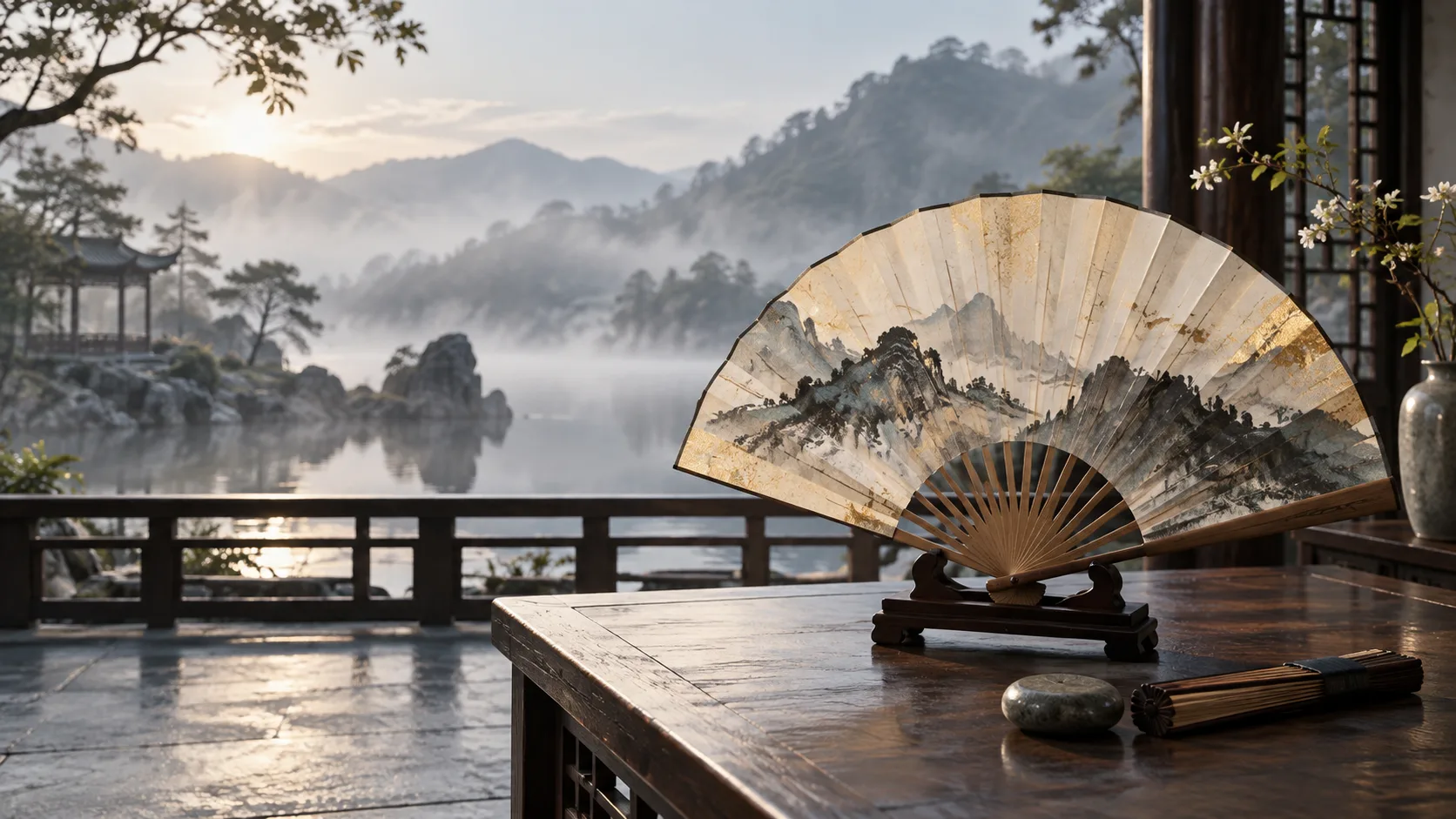 Conceptual AI-generated photograph of an open folding fan with an abstract ink landscape on a fictional misty garden terrace